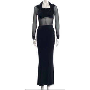 Commense Black Sheer Long-Sleeve Maxi Dress With Drape Neckline. Cow neck